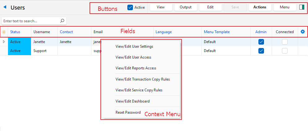 User Access Context Menu