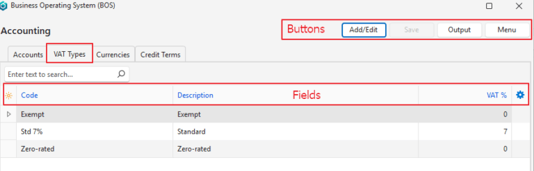 Vat Interface VAT Types Interface - Business Operating Software