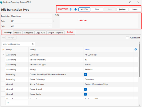 Transaction Types Edit View - Business Operating Software