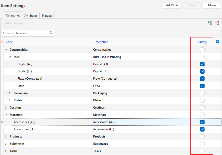 ภาพหน้าจอการตั้งค่ารายการ